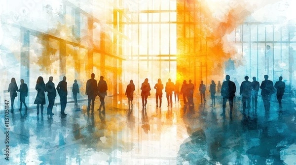 Fototapeta Abstract depiction of diverse silhouettes in a modern building with bright light streaming through glass windows