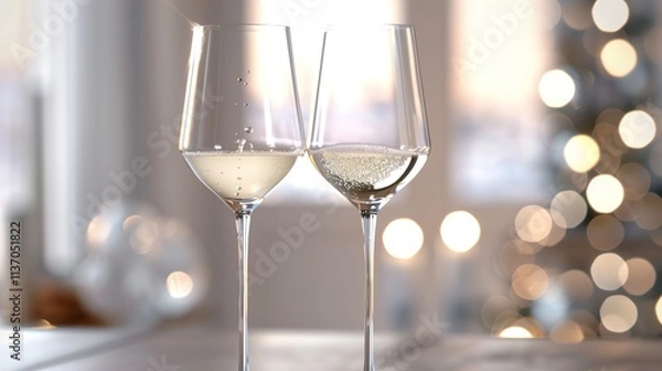 Fototapeta Two champagne glasses clinking in celebration, with bubbles rising and soft lighting reflecting off the glass, against a blurred elegant background.