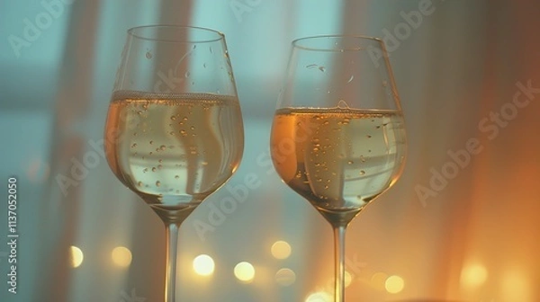Fototapeta Two champagne glasses clinking in celebration, with bubbles rising and soft lighting reflecting off the glass, against a blurred elegant background.