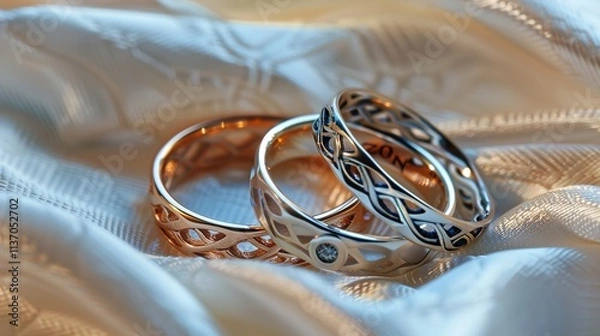 Fototapeta Two intertwined wedding rings with intricate designs, placed delicately on a white satin cloth, reflecting soft, ambient light.