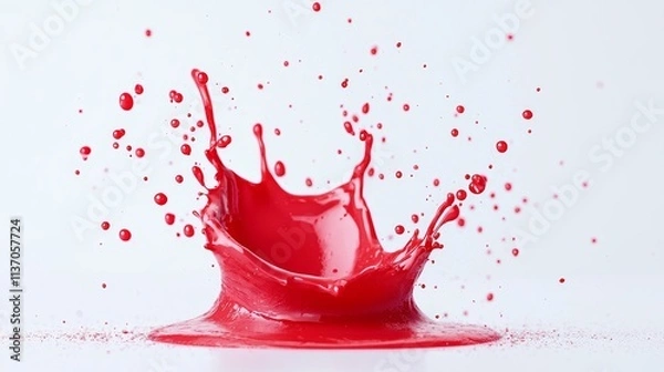 Fototapeta Paint splatter in vivid red, dynamic droplets suspended, soft grayish-blue fog, vibrant color burst