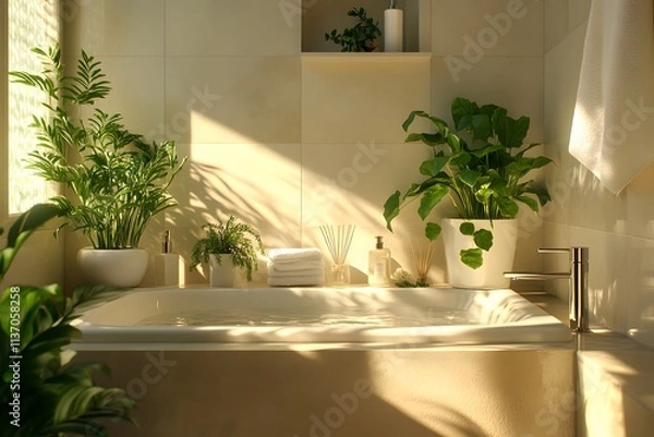 Fototapeta Serene and Inviting Bathroom with Natural Plants, Soft Lighting, and Elegant Accessories for a Calm Home Environment and Personal Retreat Experience