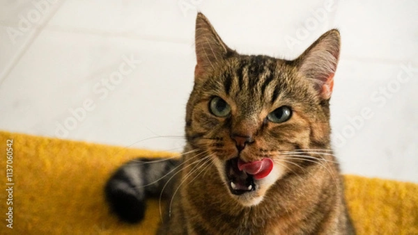 Fototapeta A very Angry Tabby Cat is vividly Expressing Various Deep Emotions It Feels at this Moment