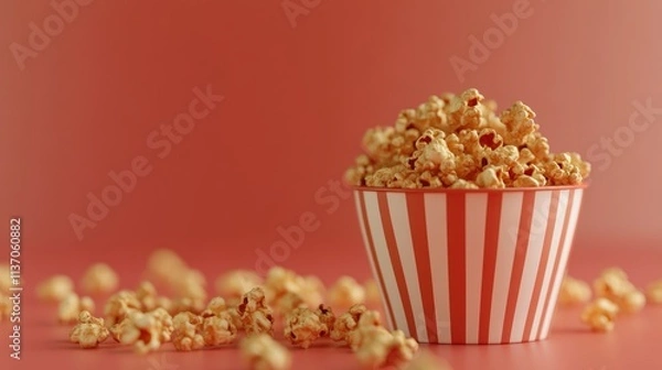 Obraz Freshly Popped Popcorn in Red and White Striped Bucket on Pink Background