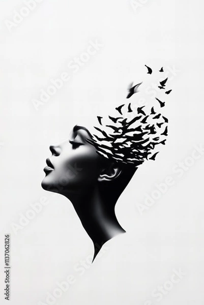 Fototapeta A minimalist black-and-white artwork of a woman’s profile with birds flying out of her head, symbolizing freedom, creativity, and imagination