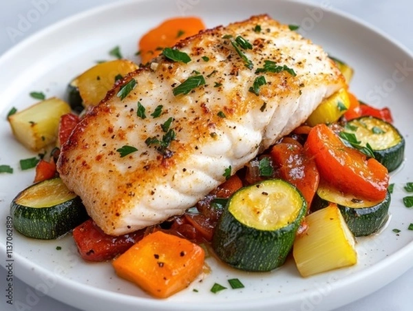 Fototapeta baked cod fillet with vegetables