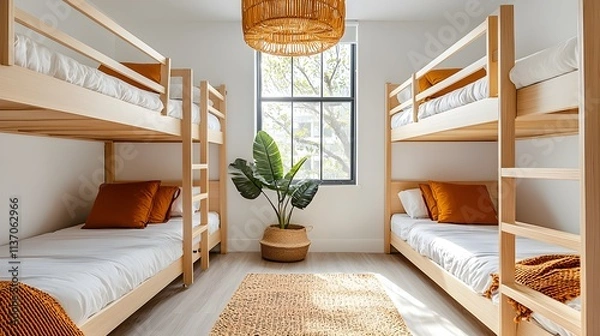 Fototapeta Stylish and vibrant hostel room, featuring modern bunk beds in bold colors, sharp lines, and trendy Scandinavian decor for a fresh, clean look