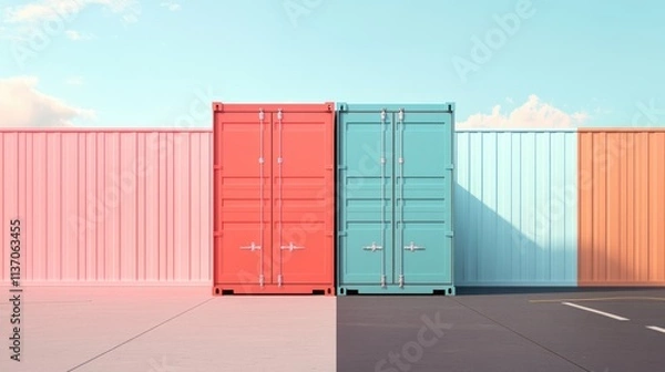 Fototapeta intermodal container flat design front view supply chain theme 3D render Split-complementary color scheme