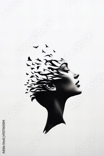 Fototapeta A minimalist black-and-white artwork depicting a woman's profile seamlessly blending into a flock of birds, symbolizing freedom, transformation, and creativity