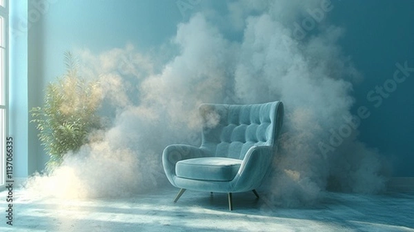 Fototapeta Abstract modern interior with a glowing blue mist and a single chair