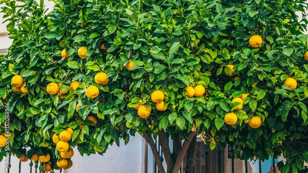 Fototapeta A Lush Orange Tree with Ripe Fruits is Beautifully Set within an Urban Environment