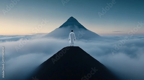 Fototapeta A solitary figure dressed in white standing on a peak above the clouds, gazing at a towering mountain in the distance, symbolizing ambition, tranquility, and the journey to great heights