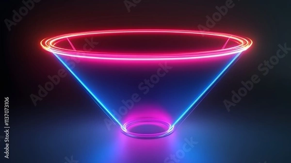 Obraz Vibrant glowing funnel with neon pink, red, and blue rings in 3D digital style on dark modern background, futuristic sales and analytics technology concept