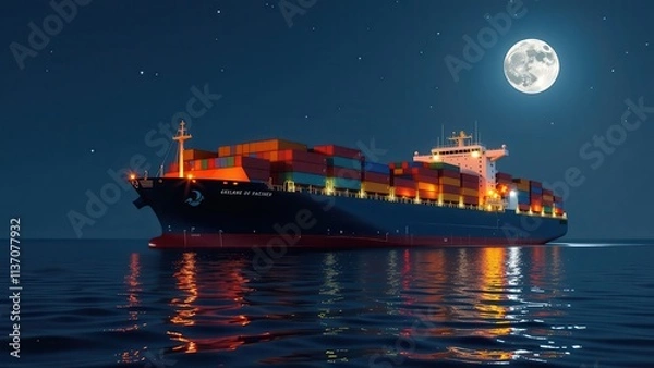Obraz features an ocean freighter ship sailing at night, with a full moon shining brightly in the sky above. the ship is fully loaded with shipping containers and lit up with bright lights along its hull.