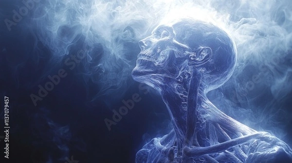Fototapeta ancient statue blends life and death featuring glowing athletic figure and skeletal half enveloped in mist. Ethereal light enhances its mystical presence conveying divine protection.