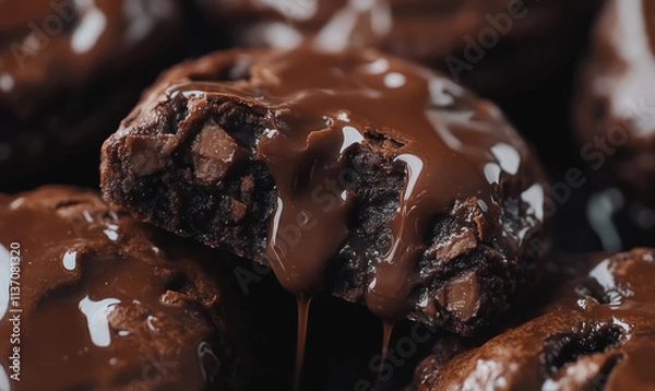 Fototapeta close-up of chocolate cookie with melted dripping chocolate creating delicious texture and rich dessert detail