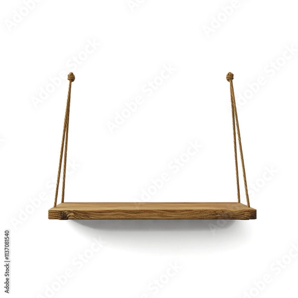 Fototapeta empty wooden hanging shelf with rustic rope suspended against plain transparent background isolated for product display