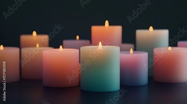 Fototapeta Colorful Candles Lit in Dark Setting
