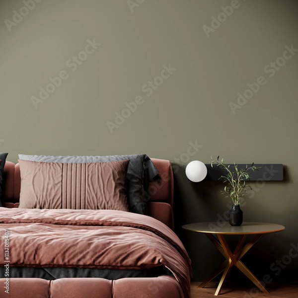 Obraz Bedroom or hotel room - olive green wall and trend color 2025 year mocha mousse details accent bed and bedding. 3d render