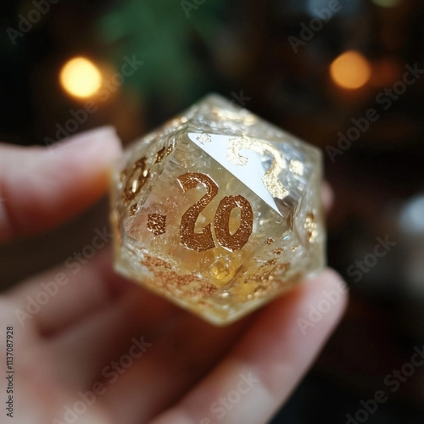 Obraz A hand holding a special d20 dice for playing role playing games like Dungeons and Dragons