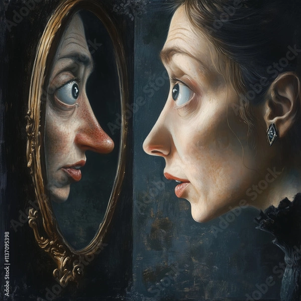 Obraz A woman looking into a mirror and experiencing body dysmorphia; you can't stop thinking about one or more perceived defects or flaws in your appearance
