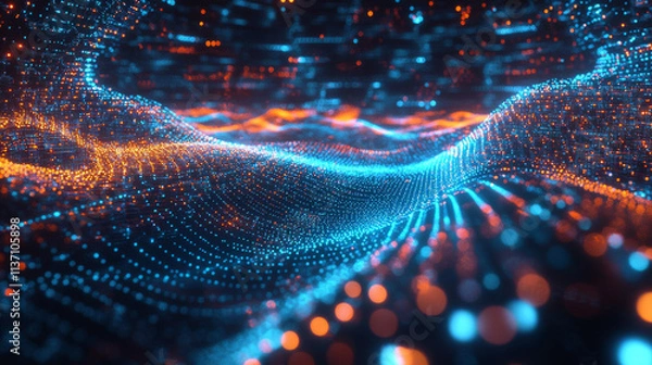 Fototapeta Abstract Quantum Data Wave: 3D Rendering of Blue and Orange Energy