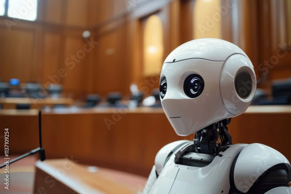 Fototapeta Robot in Courtroom: AI Justice, 3D Rendering, Neutral Expression, White Robot