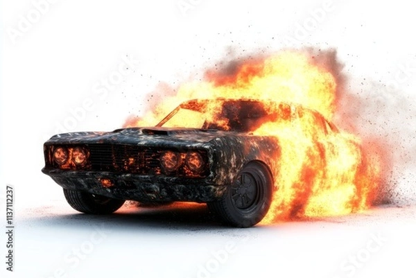 Fototapeta 3D Car exploding isolated on white Background