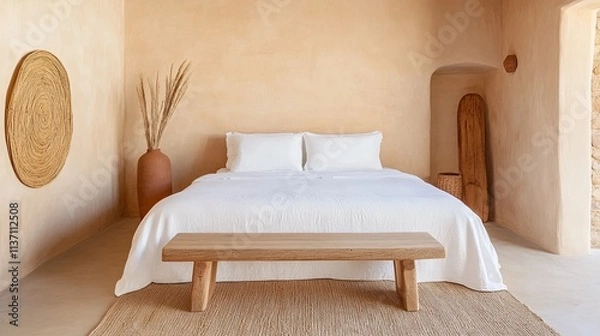 Fototapeta Serene and Minimalist Bedroom with Natural Elements, Wooden Furniture, and Earthy Tones for a Relaxing Atmosphere in a Contemporary Home Design