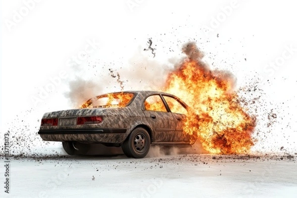 Fototapeta 3D Car exploding isolated on white Background