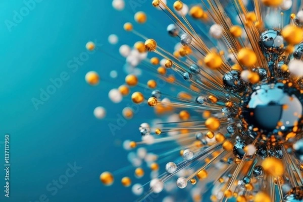 Fototapeta Abstract Composition of Colorful Spheres and Strands on a Blue Background, Representing Connectivity, Technology and Scientific Innovation in a Modern Style