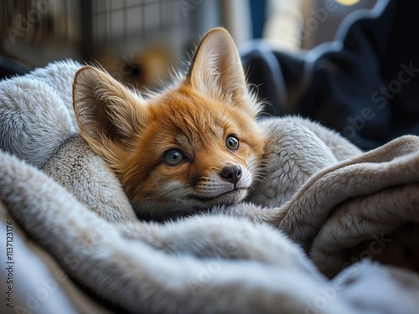 Fototapeta Adorable baby fox with soft reddish fur and bright curious eyes comfortably snuggled in a cozy fluffy blanket, conveying warmth, tranquility, and gentle wildlife charm.
