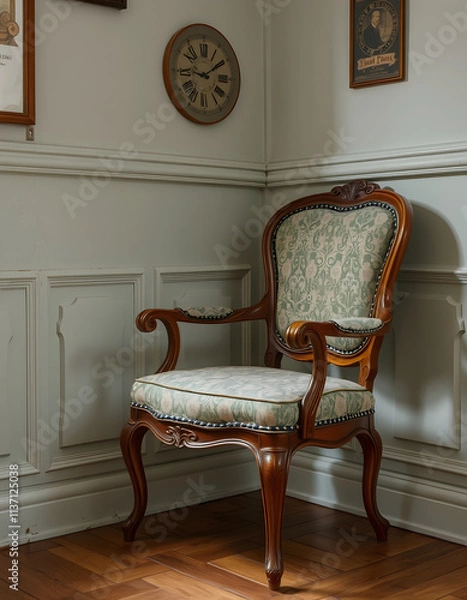 Fototapeta vintage retro interior with old fashioned chair, close-up, with white tones
