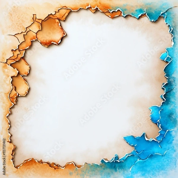 Fototapeta Watercolor Collection Featuring a Unique Paper Texture with Torn Edges and Vibrant Colors of Orange and Blue for Artistic Backgrounds and Design Projects