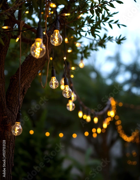 Fototapeta Decorative outdoor string  lights hanging on tree, realistic, with white tones