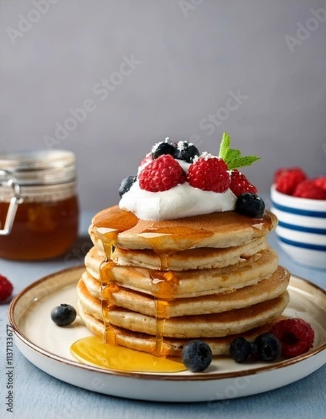 Fototapeta A stack of fluffy pancakes topped with whipped cream, fresh berries, and a drizzle of syrup.