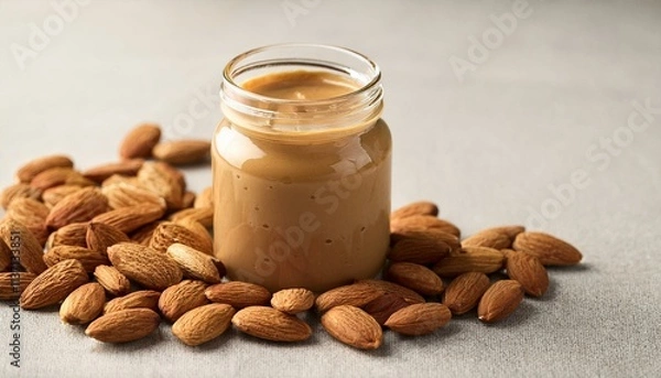 Fototapeta Jar of creamy almond butter surrounded by almonds.