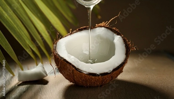 Fototapeta Coconut oil pouring into a halved coconut shell.
