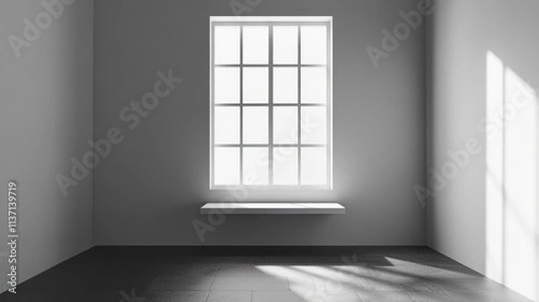 Fototapeta Minimalist room with window and shelf, sunlight streaming in.