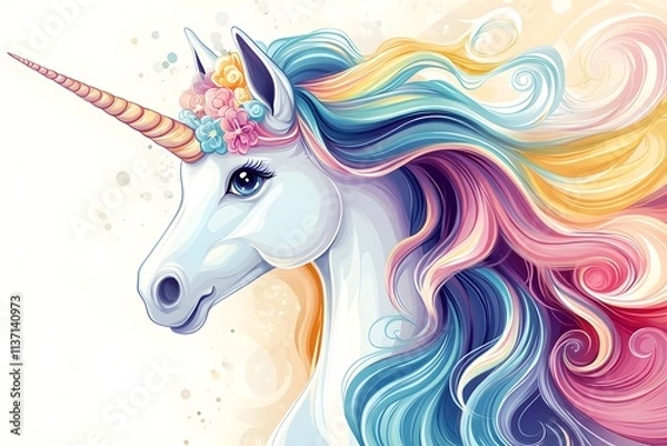 Fototapeta A white unicorn with a colorful mane in a fairy tale world horse, children, graphic, fantasy, pony, mane, rainbow, dream, fairy, mammal, mythology, print, silhouette, emblem, imagination, legend
