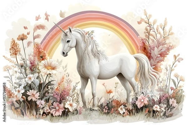 Fototapeta Cute watercolor girls set - Little princess
Magic unicorn in fantastic world with fluffy clouds and fairy meadows. Neural network AI-generated art
