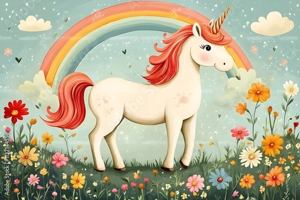 Fototapeta Cute watercolor girls set - Little princess
Magic unicorn in fantastic world with fluffy clouds and fairy meadows. Neural network AI-generated art
