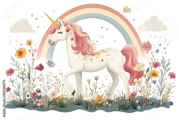 Fototapeta Cute watercolor girls set - Little princess
Magic unicorn in fantastic world with fluffy clouds and fairy meadows. Neural network AI-generated art
