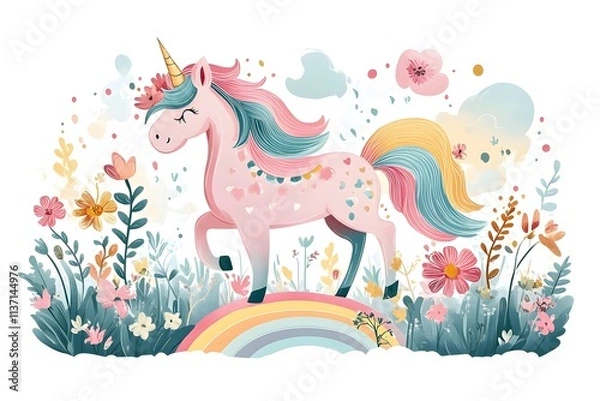 Fototapeta Cute watercolor girls set - Little princess
Magic unicorn in fantastic world with fluffy clouds and fairy meadows. Neural network AI-generated art

