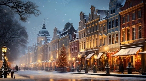 Fototapeta A snowy city street with a Christmas tree in the center