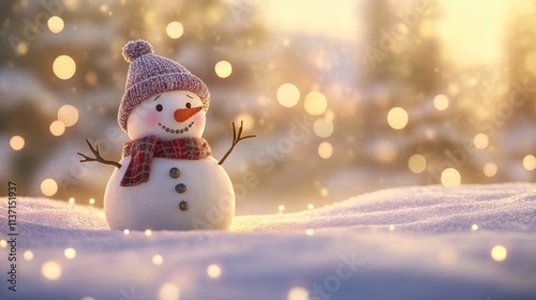 Fototapeta Cheerful Snowman Surrounded by Sparkling Snow and Soft Bokeh Lights