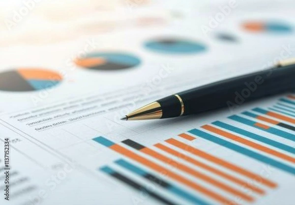 Obraz Pen on Business Reports with Colorful Graphs and Charts Layout