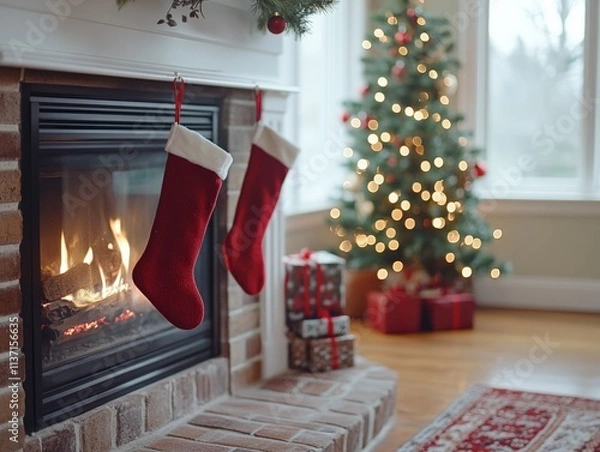 Fototapeta Cozy Christmas Scene with Fireplace and Tree