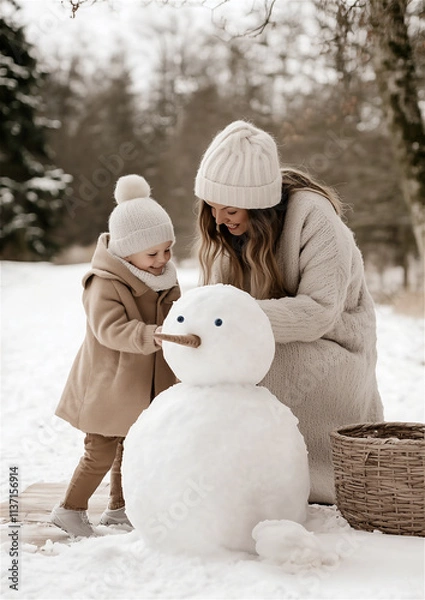 Fototapeta Photo of a happy family building a snowman in a winter park. Mother and daughter