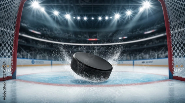 Fototapeta Action Shot of Hockey Puck in Goal Net with Copy-Space